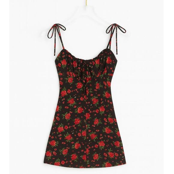 Nasty Gal Black Rose Printed Floral Sweetheart Jack Spaghetti Strap Dress Size 0 - Picture 1 of 10